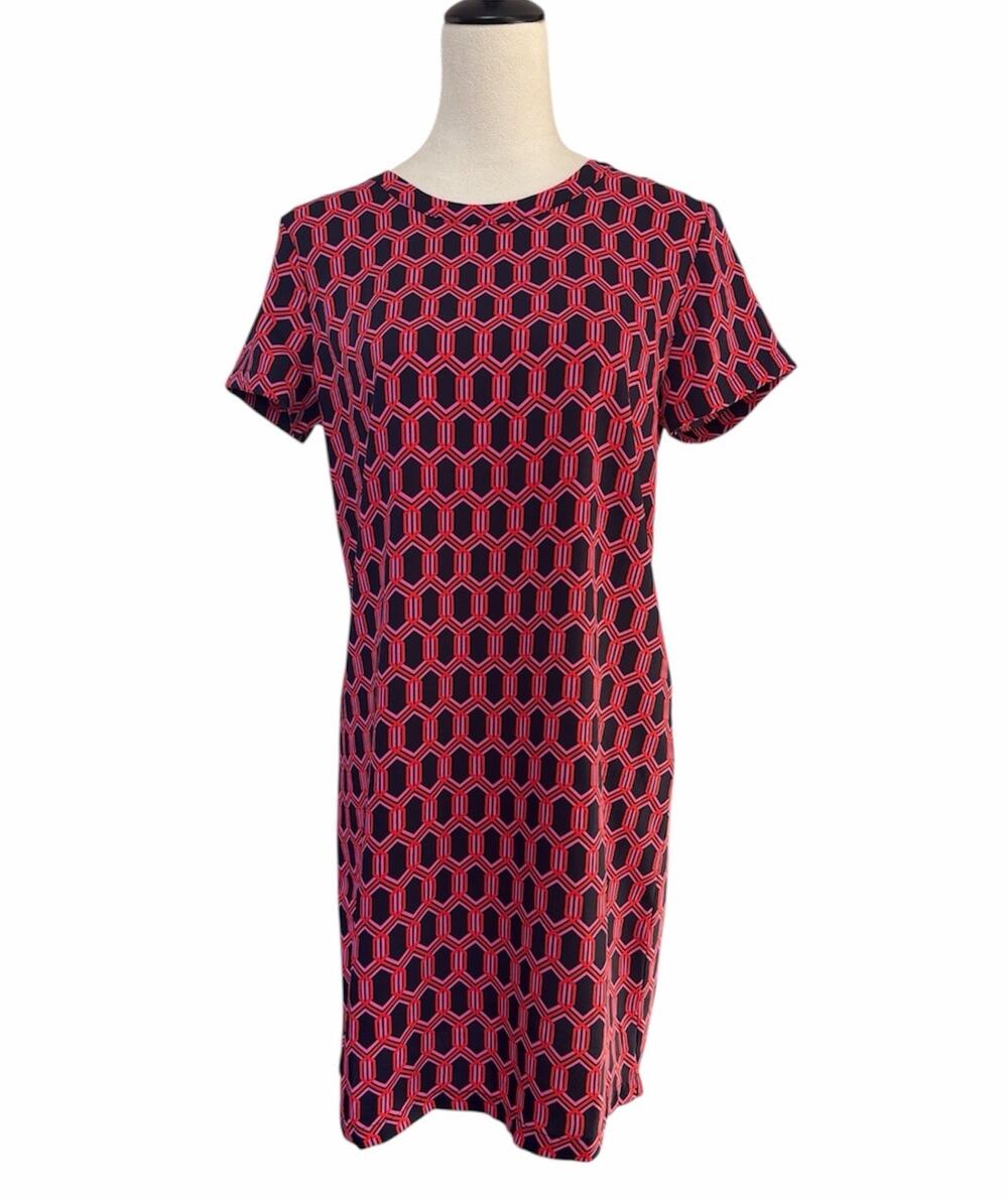 Adrienne Vittadini Shift Dress Womens 8 Red Black Pink Geo Print Back Zip Career